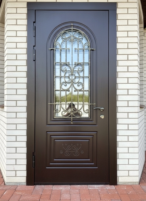 Дверь с коричневым МДФ на улице